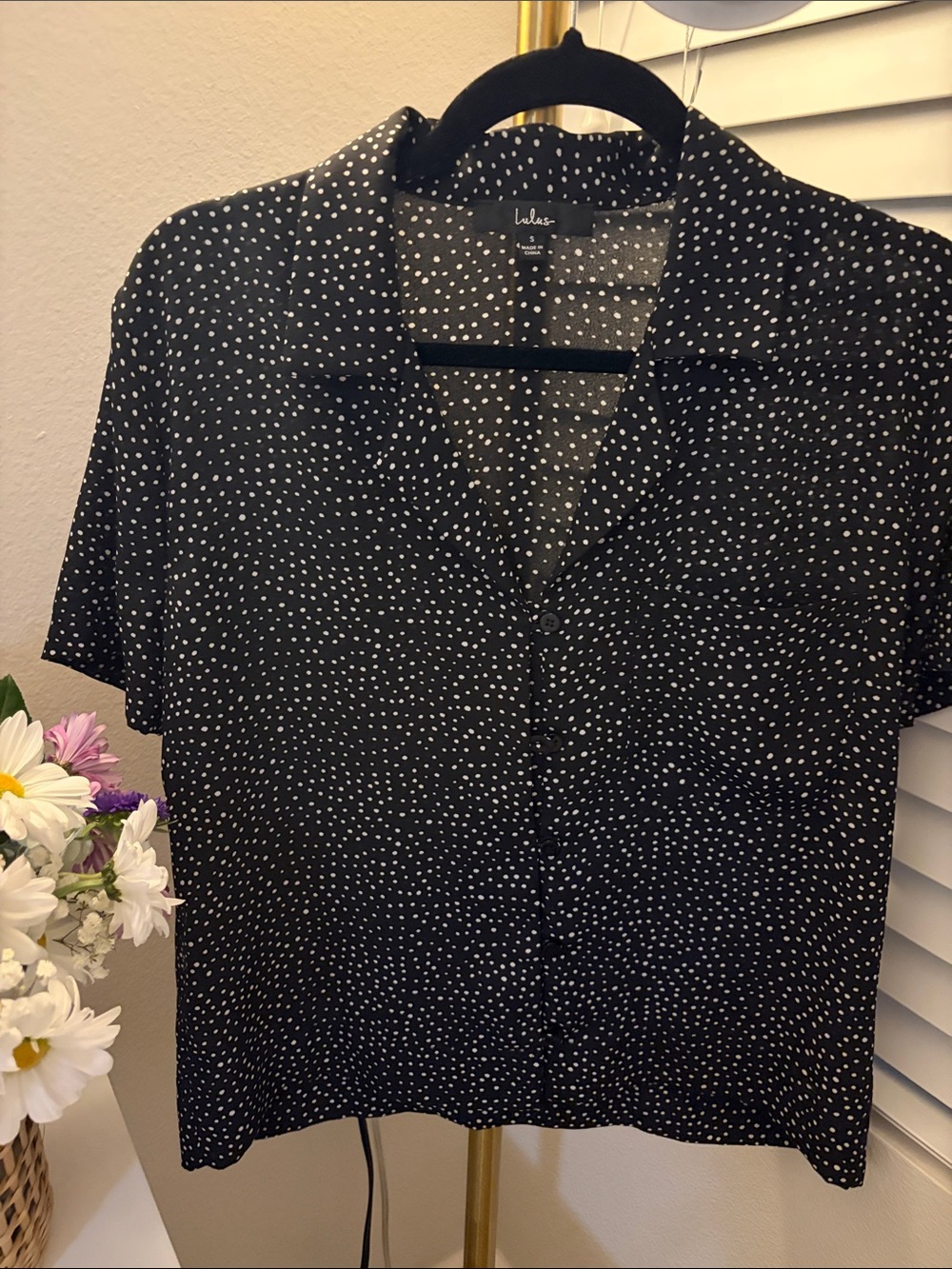 Lulu's Black Short Sleeve Button Down Shirt with White Polka Dots